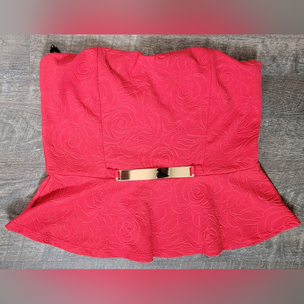 Y2K Strapless Peplum Top w/ Gold Wa Accent Womens 1X Red Embossed Rose By Blush - Picture 5 of 10